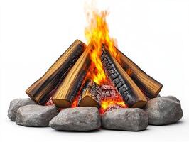 Burning wood logs in a fire pit with rocks on a white background for illustration photo