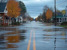 Flooded street with shops, autumn trees, and overcast sky photo