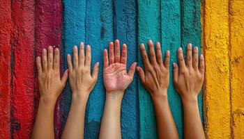 Raised hands against colorful wall, showing unity and diversity photo