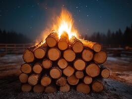 Burning wood pile outdoors at night with dark trees and stars background. Use camping photo
