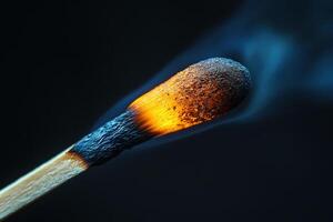 Burning matchstick with smoke on black background. Can be used for fire, danger concepts photo