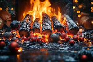Burning wood with festive decorations, for celebrations in winter months photo