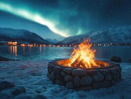 Campfire burning by a lake under aurora borealis with snow, mountains, and distant lights photo