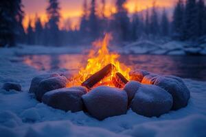 Campfire burns in snow surrounded by rocks near river at dusk for adventure content photo
