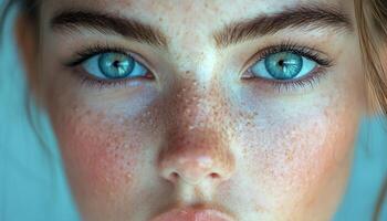 Close view of a face with freckles and blue eyes. Blurred background. Stock photo