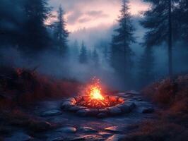 Campfire glows on a stony path in a misty forest at dusk, for tourism photo