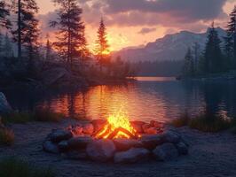 Campfire burns at lakeside with mountains at dusk, for relaxation and scenic content photo