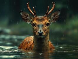 Deer in water in forest with rain, for nature or wildlife themed projects photo