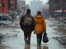 Couple in flooded street walks together holding hands with city buildings in the background photo