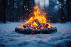 Campfire with logs burning in the snow in forest, for outdoor camping uses photo