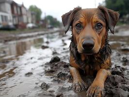 Dog lying in muddy street, houses in background. Possible for disaster coverage photo