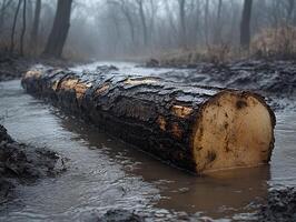 Fallen log in muddy water, misty wooded area. For forestry, nature, and environment photo