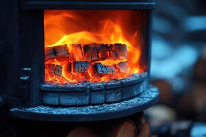 Fire burns in a stove with logs and wood pile background, could be used for warmth photo