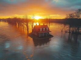 Flooded red house in river with trees silhouetted at sunset, for environmental use photo