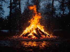 Fire burning with sparks in dark forest, for camping or nature backdrop photo