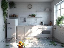 Flooded kitchen with sunlit plants, clock, shelves, and tiled walls with scattered fruit photo
