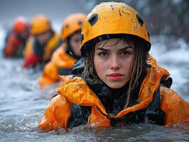 People in yellow gear wade water, trees blur behind. Use emergency training photo