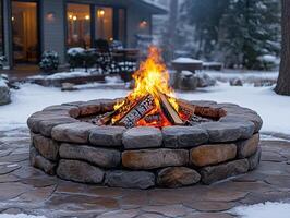 Fire burning outdoors in stone pit, snowy setting with house background, for stock photo