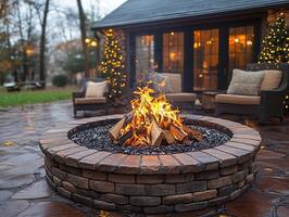 Fire burns in stone pit outside a house with patio furniture and lights photo