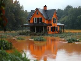 Flooded orange house reflected in murky water after rain in rural area, for disaster usage photo