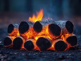 Stacked logs burning in a fire, ground, dark background, for camping or warmth photo
