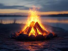 Bonfire burning at dusk by a lake with a forested horizon for outdoor events photo