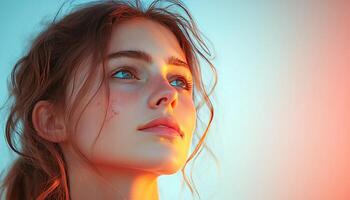 Woman looking up with colorful background, studio lighting, can be used for portraits photo