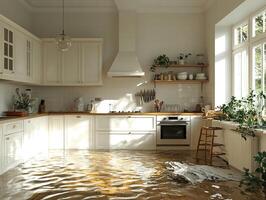 Flooded kitchen with water on floor in a bright room with plants and other objects photo