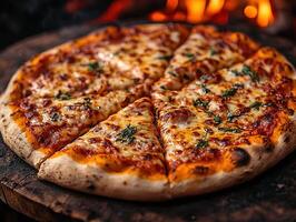 Sliced pizza on wood, fire in the background, food photography for menus or recipes photo