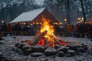 Bonfire with people gathering, in a snowy forest and tents, at night photo