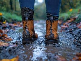 Boots in muddy puddle, foliage, pathway. Hiking or outdoor recreation photo