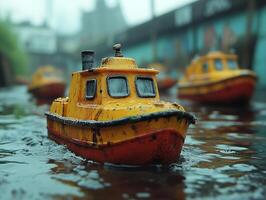 Small yellow toy boats float in a canal against a blurred wall, for childish play photo