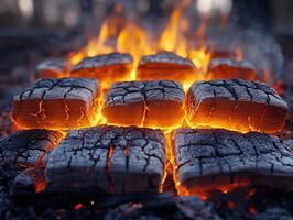 Burning embers glowing in a grid formation, with blurry wood in the background photo