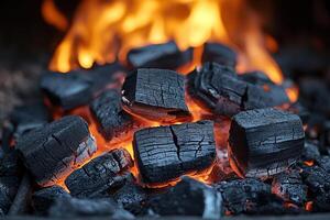 Burning coals in a fire, used for heating or cooking, with flames in background photo