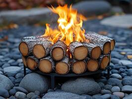 Burning logs in a metal fire pit on rocks with leaves in background for warmth photo