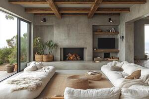 Living room with fireplace and plants, window view, for home or interior design use photo