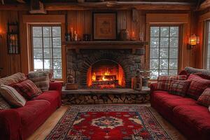 Cozy cabin interior with lit fireplace, red sofas, snow outside windows. Use for home photo