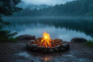 Campfire by lake, trees, mountains, fog, evening. Scene for camping or outdoor use photo