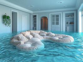 Couch floating in flooded room, water visible in background. Possible use for insurance photo