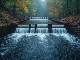 Cascading water over dam through autumn forest. Use nature, travel, or background photo