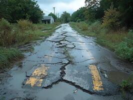 Cracked, wet road with yellow lines leading to a rundown building amidst trees photo