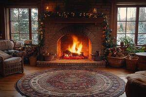 Fire burning in hearth with wood and decor, set indoors for warmth and atmosphere photo