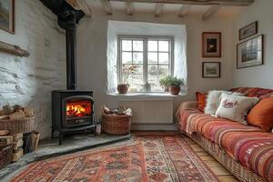 Cozy interior with burning stove, patterned rug, window view, and framed art in room photo