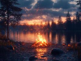 Campfire glowing on lakeshore with a dark forest and sunset sky background, ideal for leisure photo