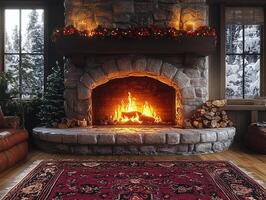 Fire burns in stone fireplace of house with snow scene seen through windows photo