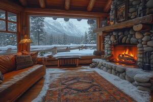 Cozy log cabin interior with fire and snowy mountain view for lifestyle use photo
