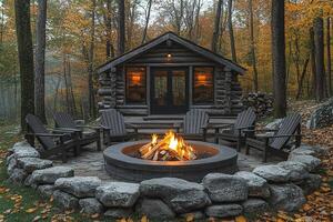 Fire pit burning before a log cabin in a forest with fall colors. Scene for outdoor leisure photo