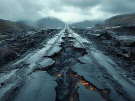 Cracked road with lava flows in the mountains under an overcast sky photo