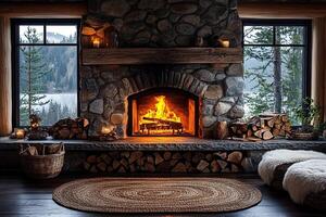 Fireplace burning in a cozy cabin room with wood stacks and nature views in background photo