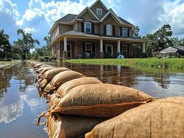 Flooded house with sandbags, sky, trees in background. Use flood, weather, climate photo